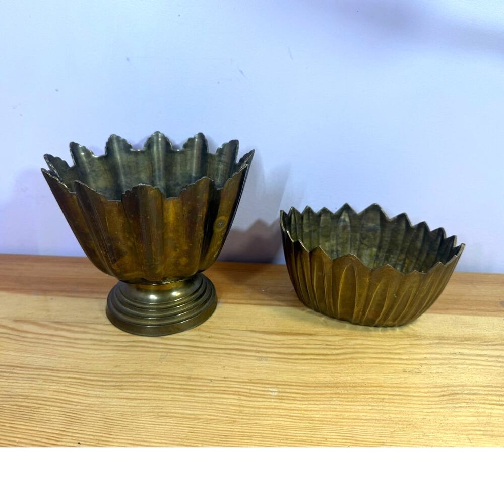 Vintage Brass Lotus Scalloped Bowls Pedestal Compote Set of 2